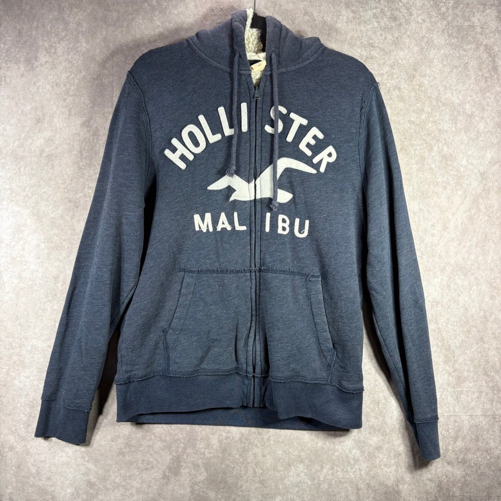 Hollister Y2K Hoodie Mens L Blue Malibu Sherpa‎ Lined Full Zip Embroidered Logo